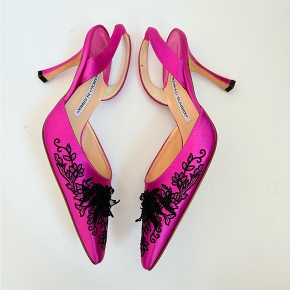 Manolo Blahnik pink Black Floral Appilique embroidered Carolyne 90mm pumps EU 38 - Picture 3 of 8